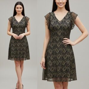 Tommy Hilfiger Black Gold Floral Mesh Lace Dress Flutter Sleeve Dress Sz. 12